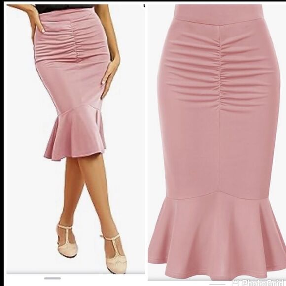 NWT Ruched Midi Skirt Mermaid High Waisted Skirt Wear To Work Slim Fit Skirt - Picture 1 of 13
